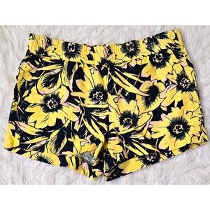 J Crew Linen Blend Pull On Shorts Floral Yellow Navy Blue Pockets Elastic Waist